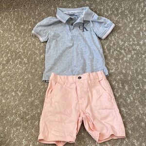 Calvin Klein Gray Polo and Salmon Pink Shorts Set, Size 24M